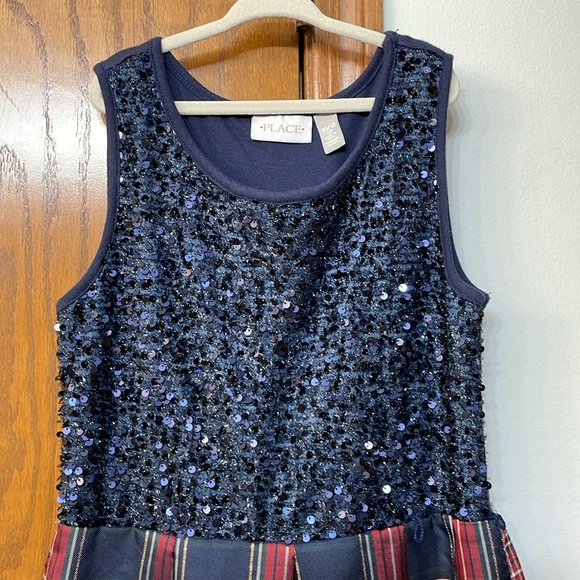 CHILDRENS PLACE UEC Girls Large (10/12) Blue Sequin Holiday Dress Plaid Skirt - Picture 4 of 14